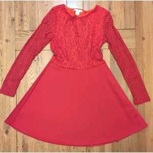 Glamorous Women's Red Lace Long Sleeve Skater Dress Size M‎